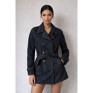Leather by Danier Black Suede Trench Coat Double Breasted Belted Jacket 38